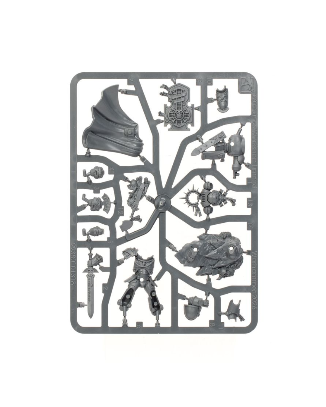 A gray plastic sprue containing multiple unpainted miniature model parts, shown against a plain white background.