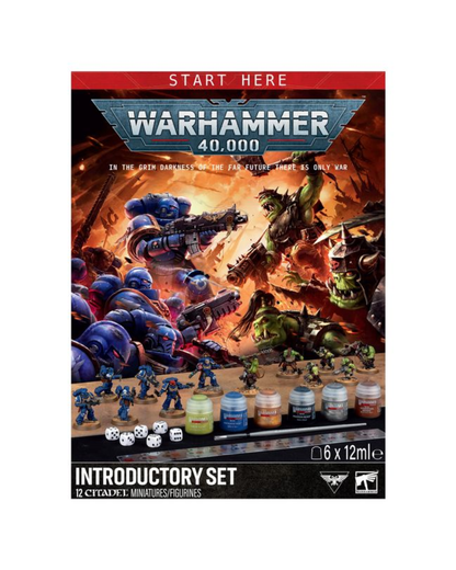 Warhammer 40,000 Introductory Set box art showing painted miniature figures, paint tubes, dice, and a battle scene with blue Space Marines and green Eldar on a fiery battlefield.