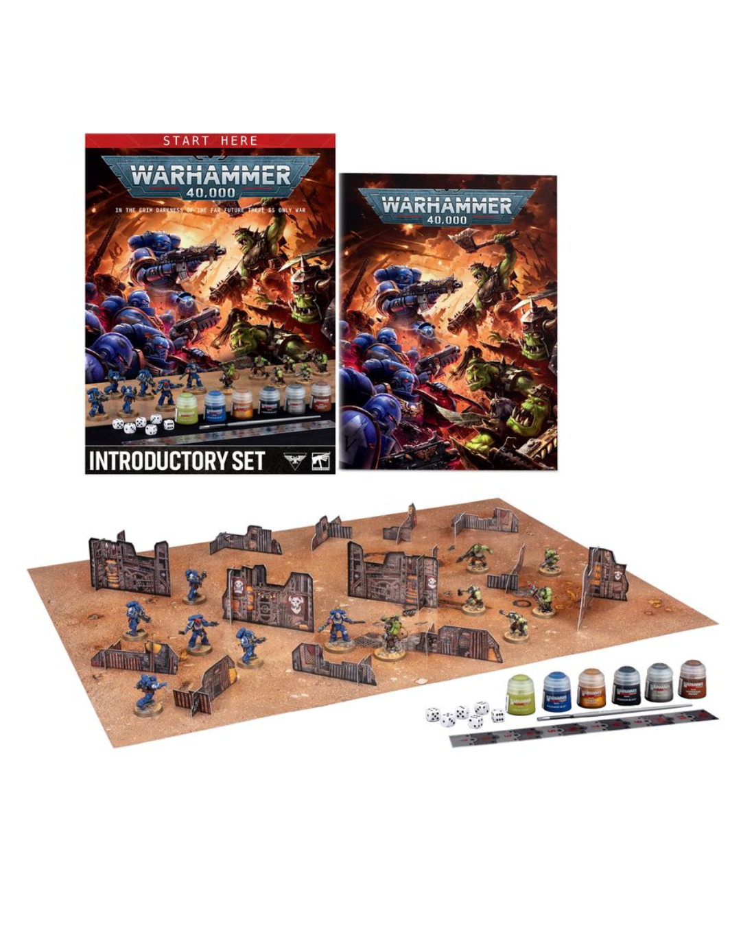 Warhammer 40k Introductory Set tabletop gaming kit on a white background, showing the box, booklet, terrain mat with miniature ruins, small figures, and color bottles.