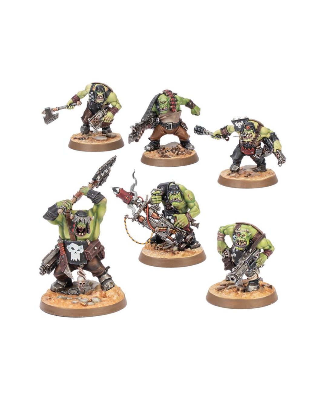 Five painted fantasy orcs miniatures on round bases, shown against a plain white background. The figures have green skin, brown and black clothing, and various weapons, with one holding a skull and another featuring a skull-like emblem on the chest.