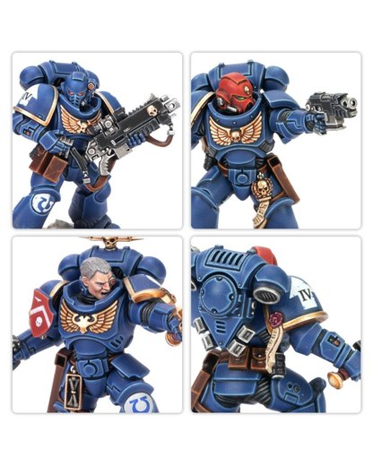 Four-panel product display of a painted sci-fi space marine action figure from Warhammer 40k, showing front, back, and alternate head/sculpt variations in blue armor with gold, red, and brown details on a white background.