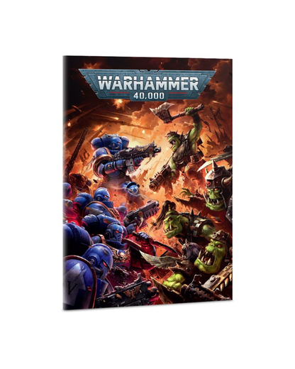 Warhammer 40,000 box set or book cover shown upright on a plain white background, featuring illustrated blue Space Marines and green Orks in battle with the Warhammer 40,000 logo at the top.