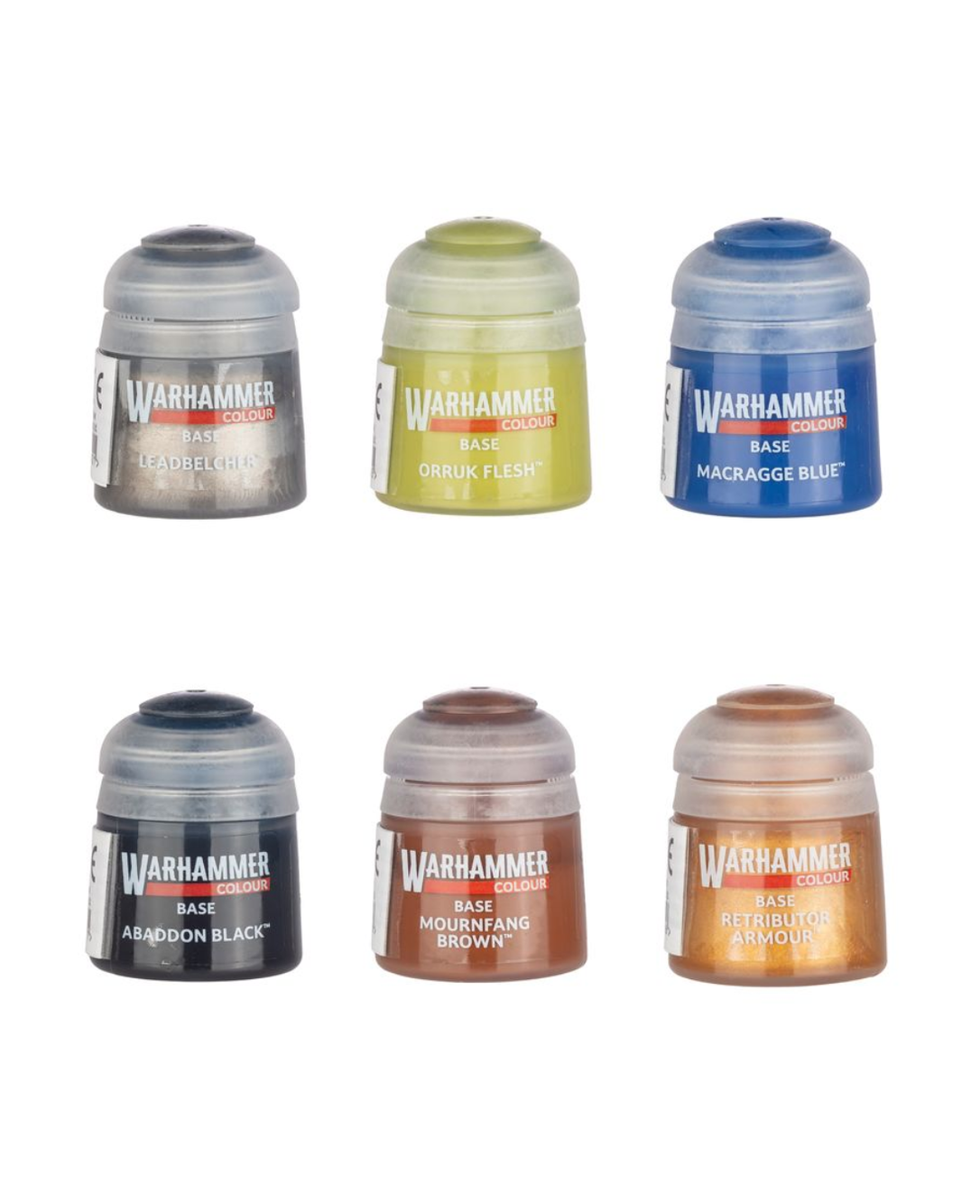 Six small Warhammer 40k Base Set acrylic paint pots arranged in two rows on a plain white background. The pots contain different paint colors: black, olive green, blue, dark gray, brown, and copper.