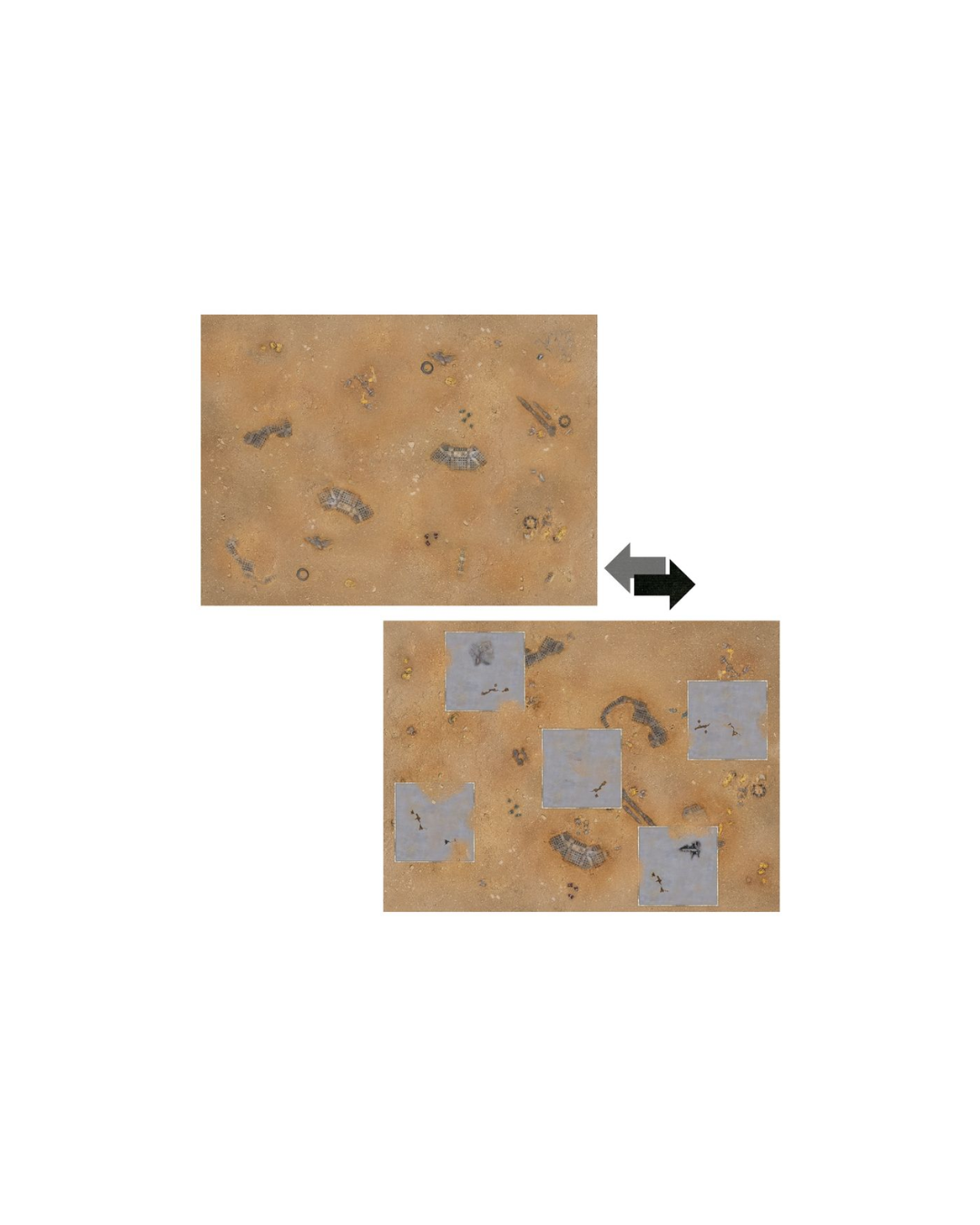 A product demonstration graphic showing a textured tan surface with dark speckles in two states: a top view with no patches and a bottom view with several light gray square patches applied across the surface, separated by a black arrow pointing left.