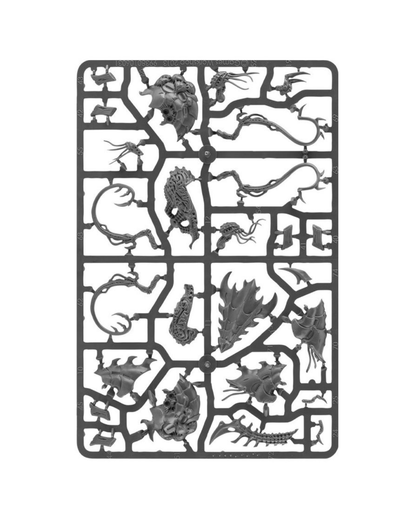 A rectangular gray plastic sprue containing multiple small sculpted fantasy creature and insect models, isolated on a white background.