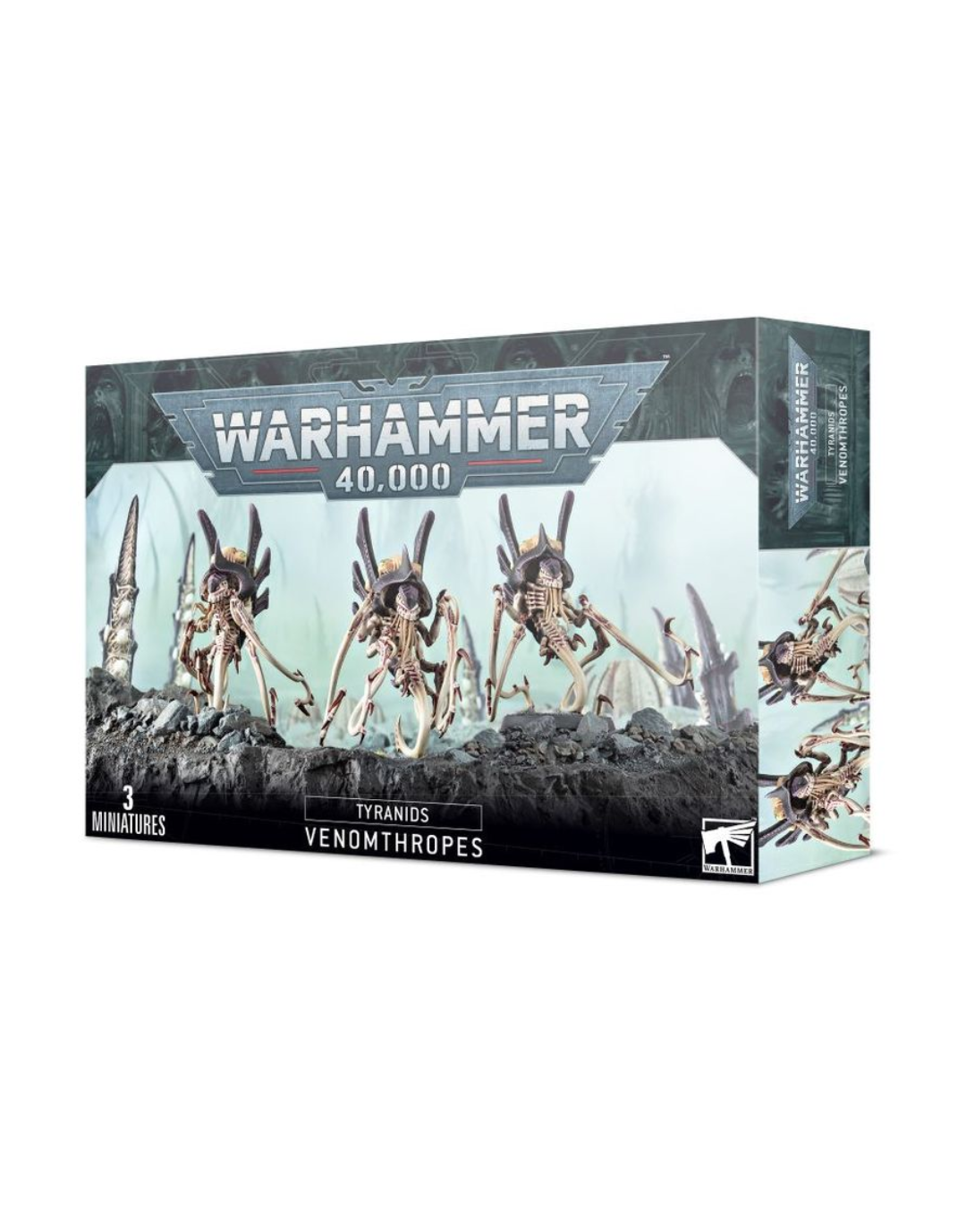 Warhammer 40,000 Tyranids Venomthropes miniatures box set, featuring illustrated insect-like miniatures on a dark rocky base against a pale background.