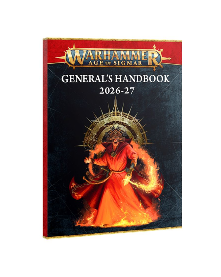 Warhammer Age of Sigmar General's Handbook 2026-27 paperback book cover shown at a slight angle on a white background.