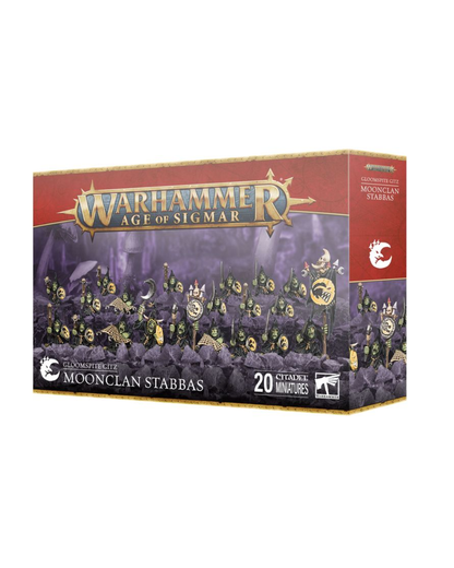 Warhammer Age of Sigmar Moonclan Stabbas miniature box, featuring a red and gold top banner, a dark illustration of moonclan warriors, and product text on a white background.