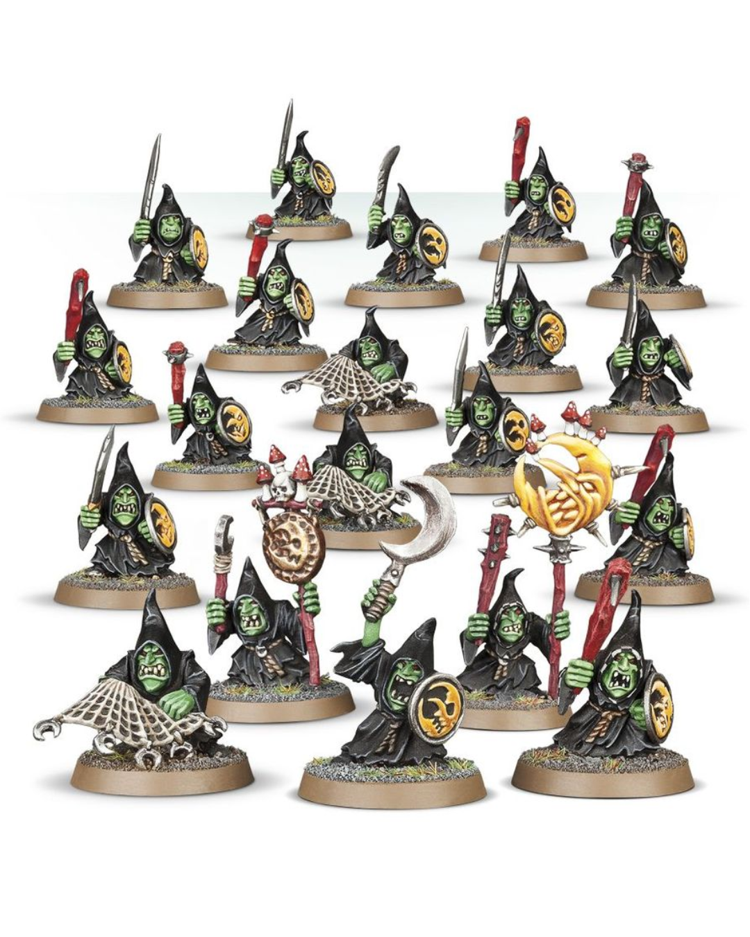 A set of painted fantasy miniature figures arranged on round bases against a plain white studio background. The figures appear to be a coordinated group of green-skinned characters wearing black pointed hoods and dark robes, holding red, silver, and yellow items, with some holding spider-themed props.