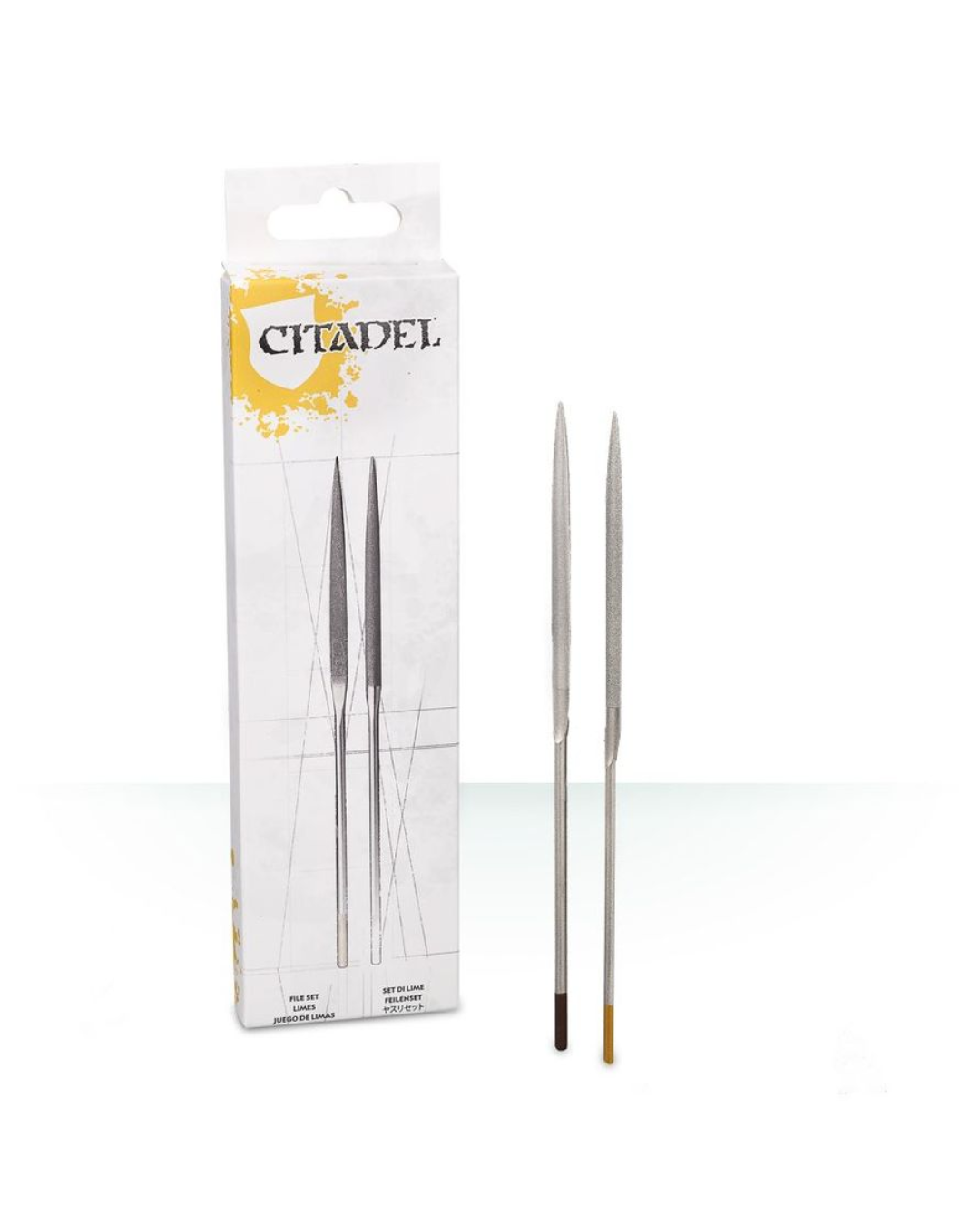 Two metallic Citadel crafting files displayed next to their white and yellow retail packaging box on a clean white background.