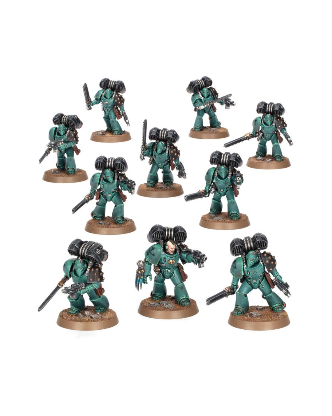 Set of nine painted miniature figurines of Space Marine Space Marines with heavy armor and bolters, displayed on a clean white background.