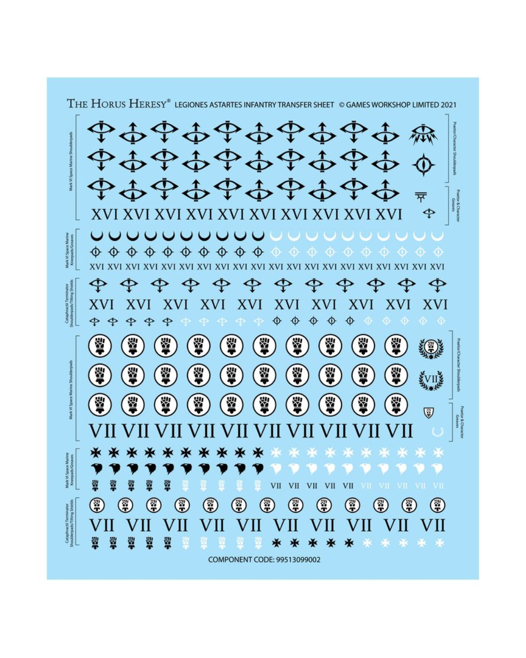 A light blue sheet of decals or transfer stickers with rows of black and white military insignia, Roman numerals, and circular emblems. The sheet includes text reading 'The Horus Heresy: Legiones Astartatcs Infantry Transfer Sheet' 