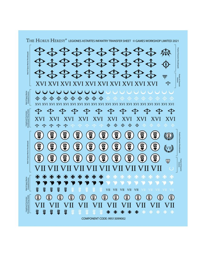 A light blue sheet of decals or transfer stickers with rows of black and white military insignia, Roman numerals, and circular emblems. The sheet includes text reading 'The Horus Heresy: Legiones Astartatcs Infantry Transfer Sheet' 