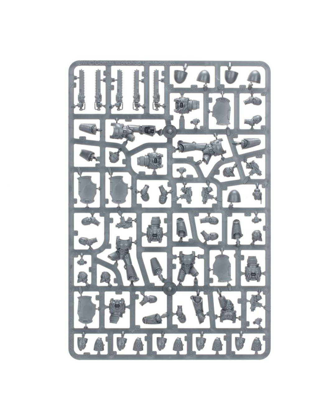 A gray plastic Warhammer sprue containing multiple small molded parts for a Warhammer model kit, shown on a plain white background.