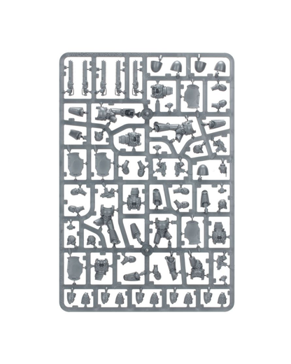 A gray plastic Warhammer sprue containing multiple small molded parts for a Warhammer model kit, shown on a plain white background.