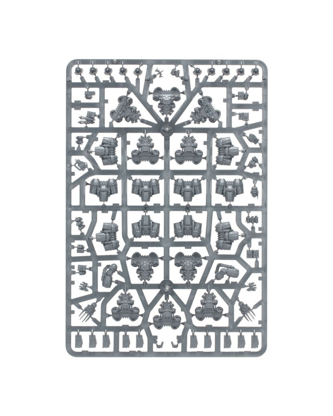A gray plastic Warhammer sprue containing multiple small molded parts for a Warhammer model kit, shown on a plain white background.