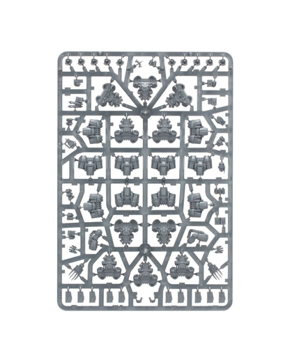 A gray plastic Warhammer sprue containing multiple small molded parts for a Warhammer model kit, shown on a plain white background.