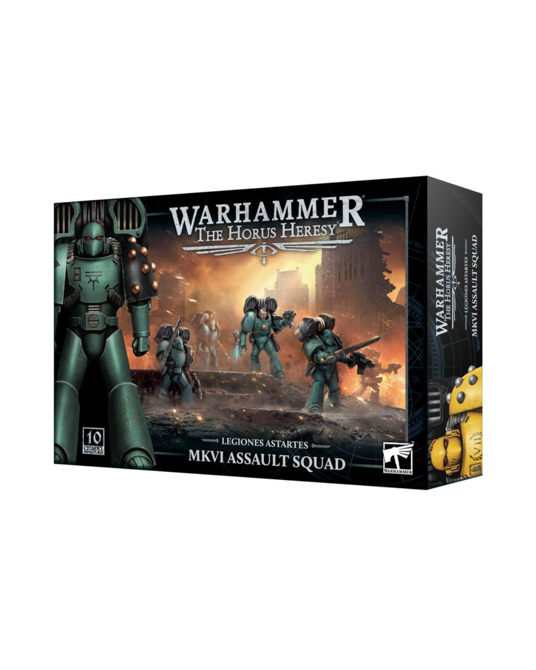 Warhammer: The Horus Heresy - MKVI Assault Squad box set, featuring illustrated sci-fi soldier figures and a dark, fiery battle scene on the front and side panels.