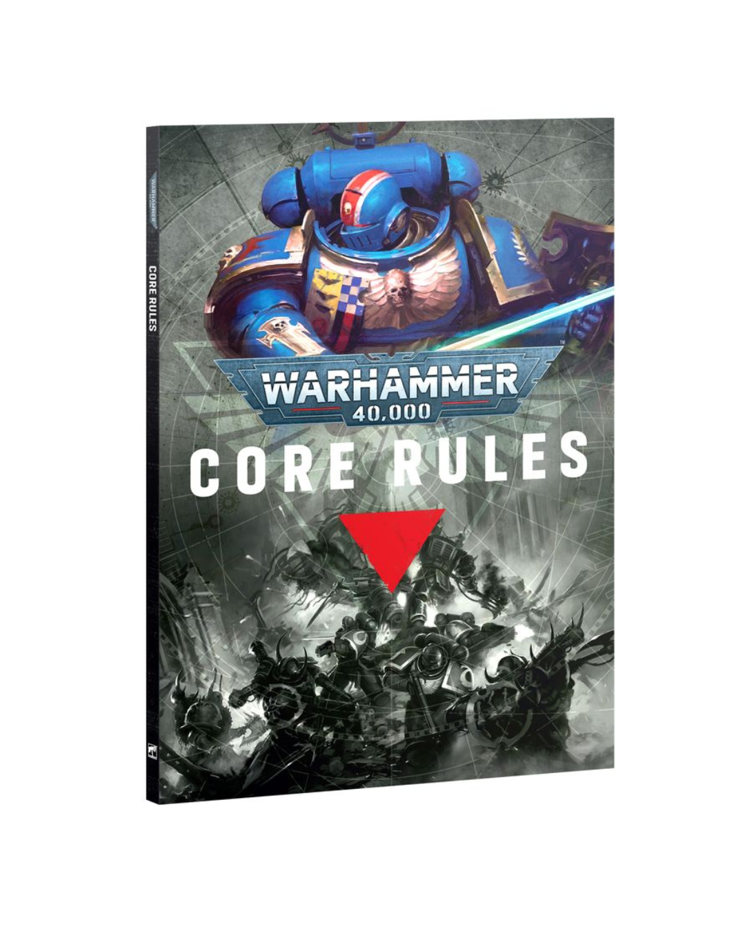 Warhammer 40,000 Core Rules book cover shown at a slight angle, featuring a blue Space Marine helmet and soldiers in a dark sci-fi battle scene.