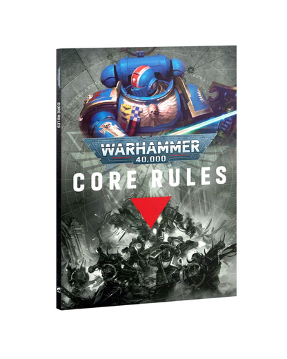 Warhammer 40,000 Core Rules book cover shown at a slight angle, featuring a blue Space Marine helmet and soldiers in a dark sci-fi battle scene.