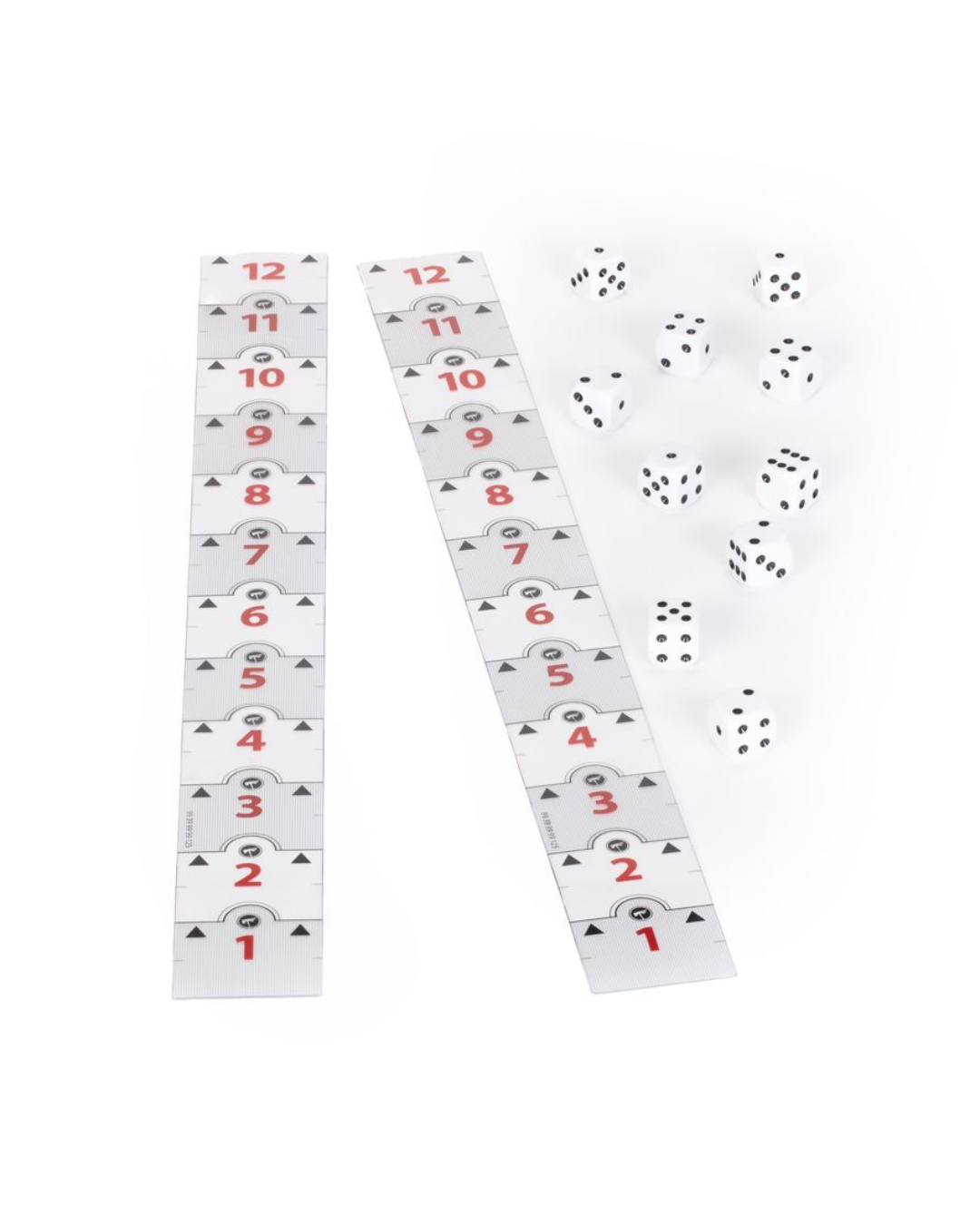 Two white numbered strips with red numbers and black symbols, shown alongside several white dice on a plain white background.