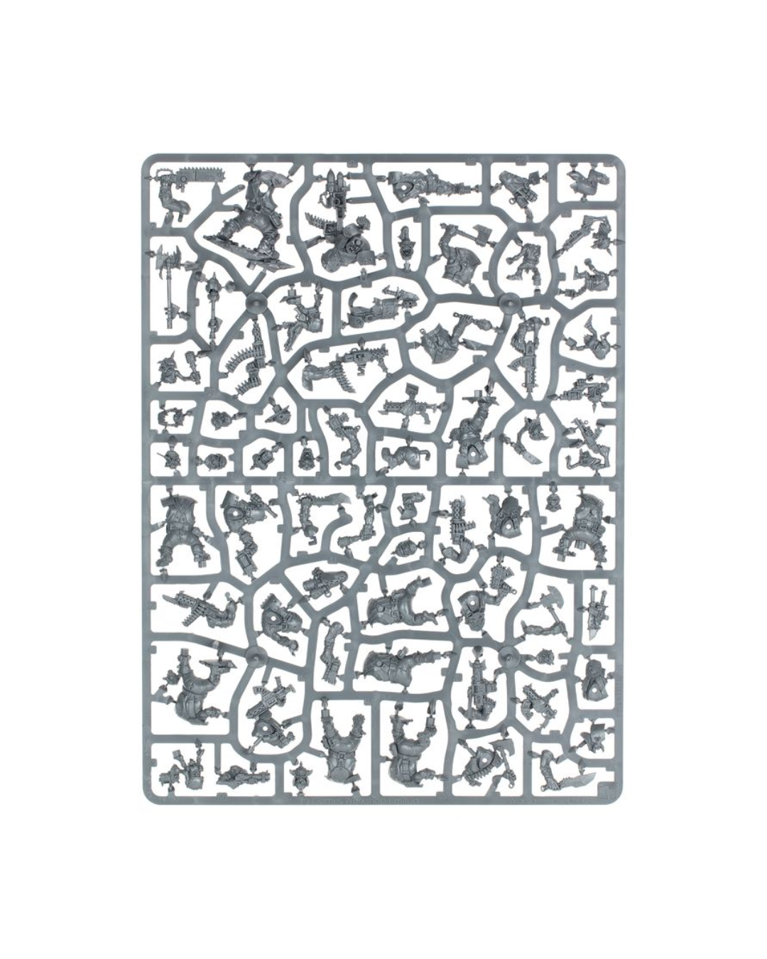 A rectangular gray plastic sprue containing numerous small unpainted miniature figures and accessories, isolated on a plain white background.
