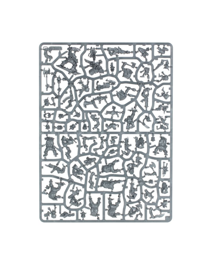 A rectangular gray plastic sprue containing numerous small unpainted miniature figures and accessories, isolated on a plain white background.