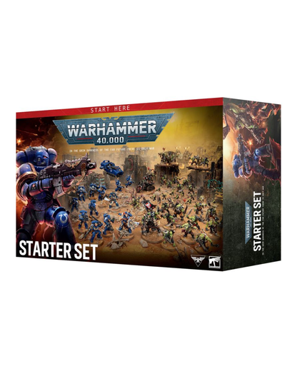Warhammer 40,000 Starter Set box on a plain white background, showing the front and side panels of the retail packaging with illustrated sci-fi battle artwork and the product title 'Starter Set' in large white text.