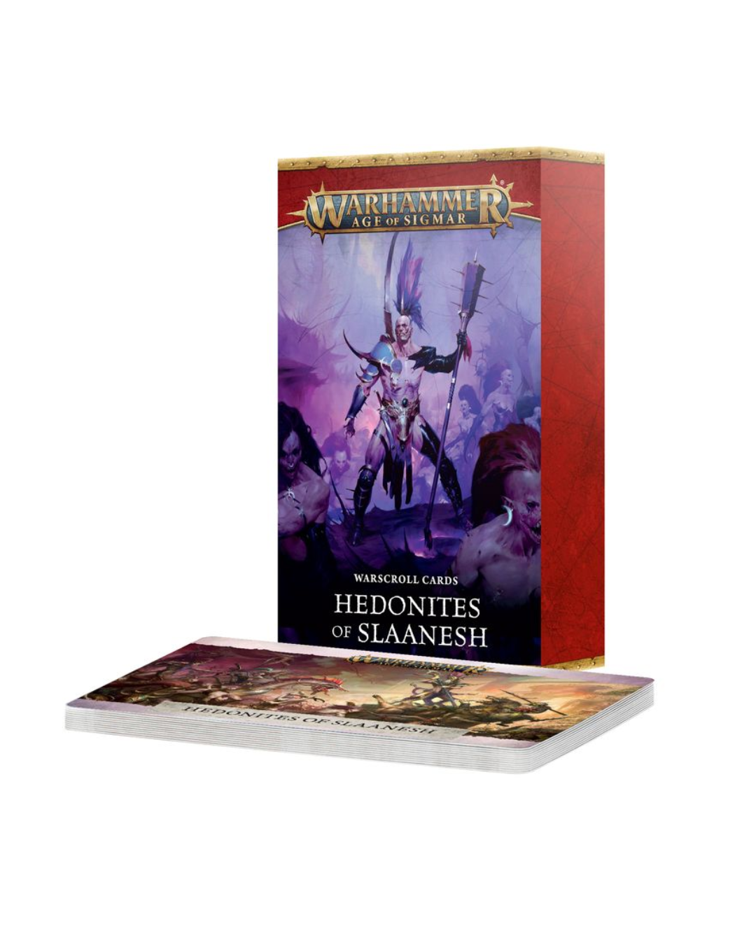 Warhammer  Age of Sigmar Hedonites of Slaanesh card deck box with a sample of cards displayed in front on a white background.