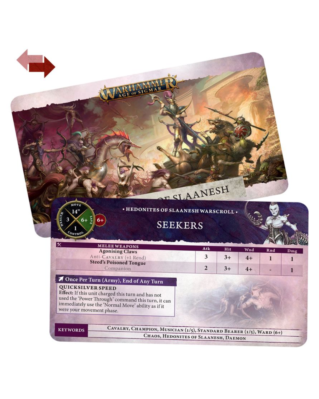 Warhammer Slaanesh Warscroll card game components, showing the back of a card with fantasy artwork and a 'Seekers' rules card in front on a white background.