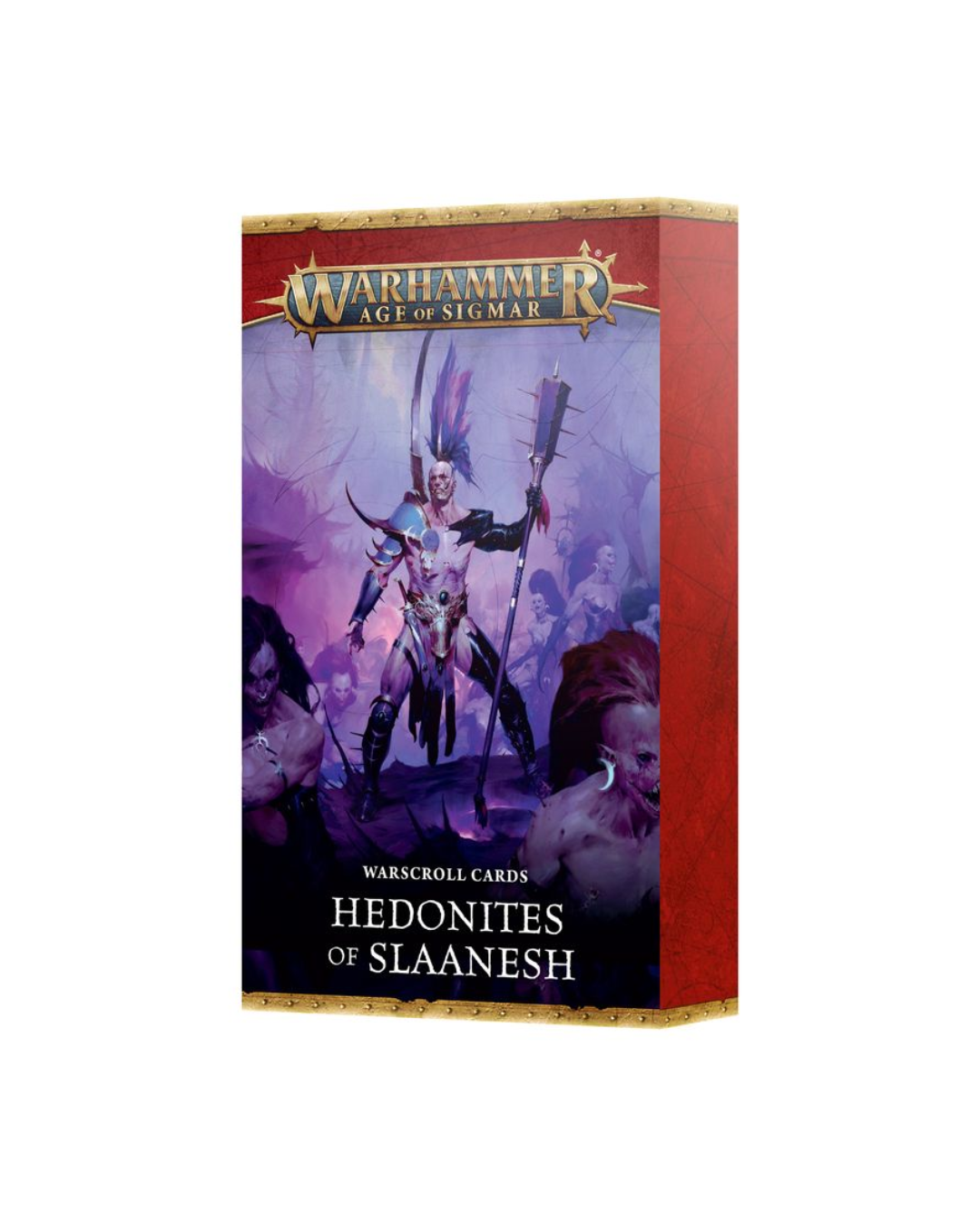 Warhammer Age of Sigmar 'Hedonites of Slaanesh' card box, featuring a purple and black fantasy illustration of a warrior with a spear, set against a solid white background.