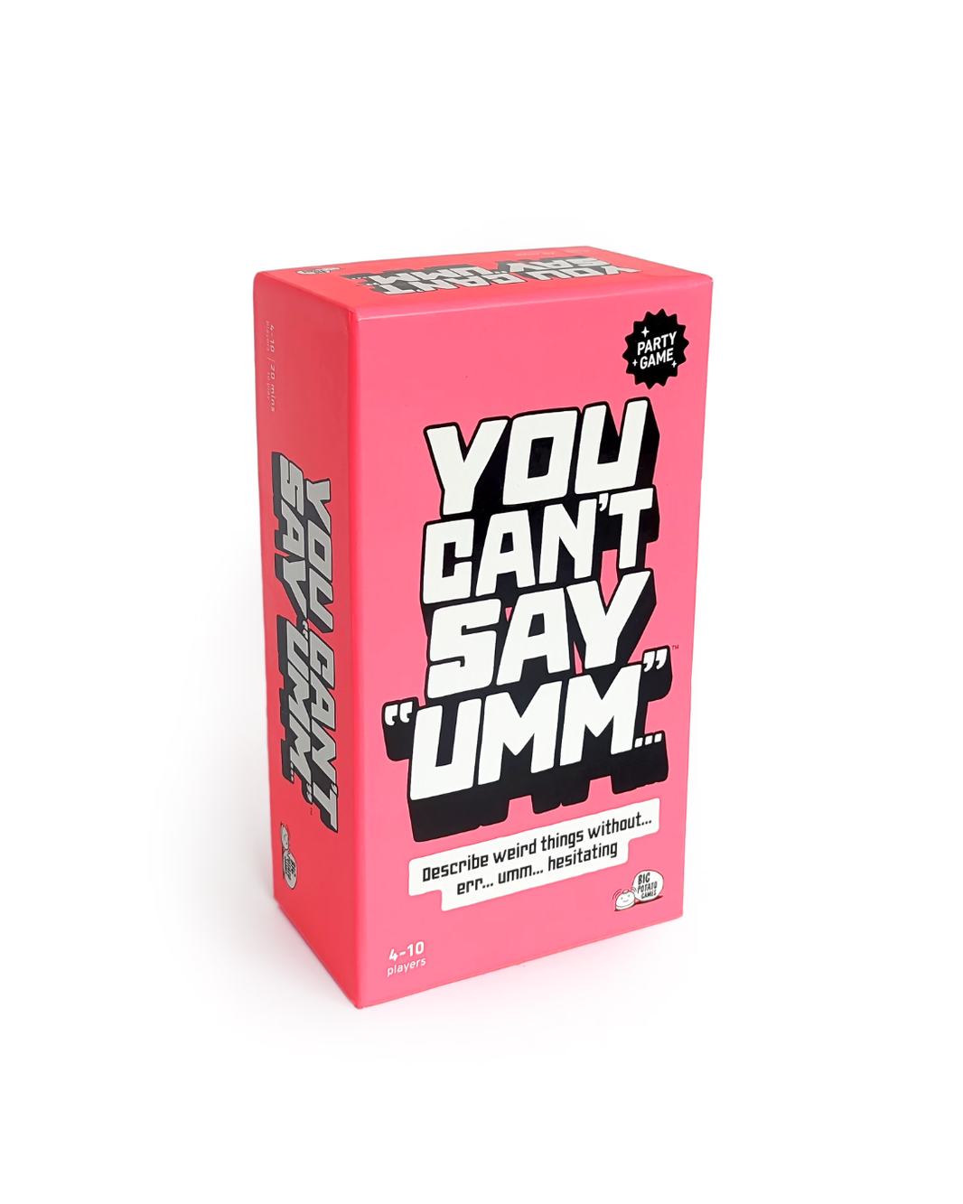 The pink packaging box for the card game 'You Can't Say Umm...' on a clean white background.