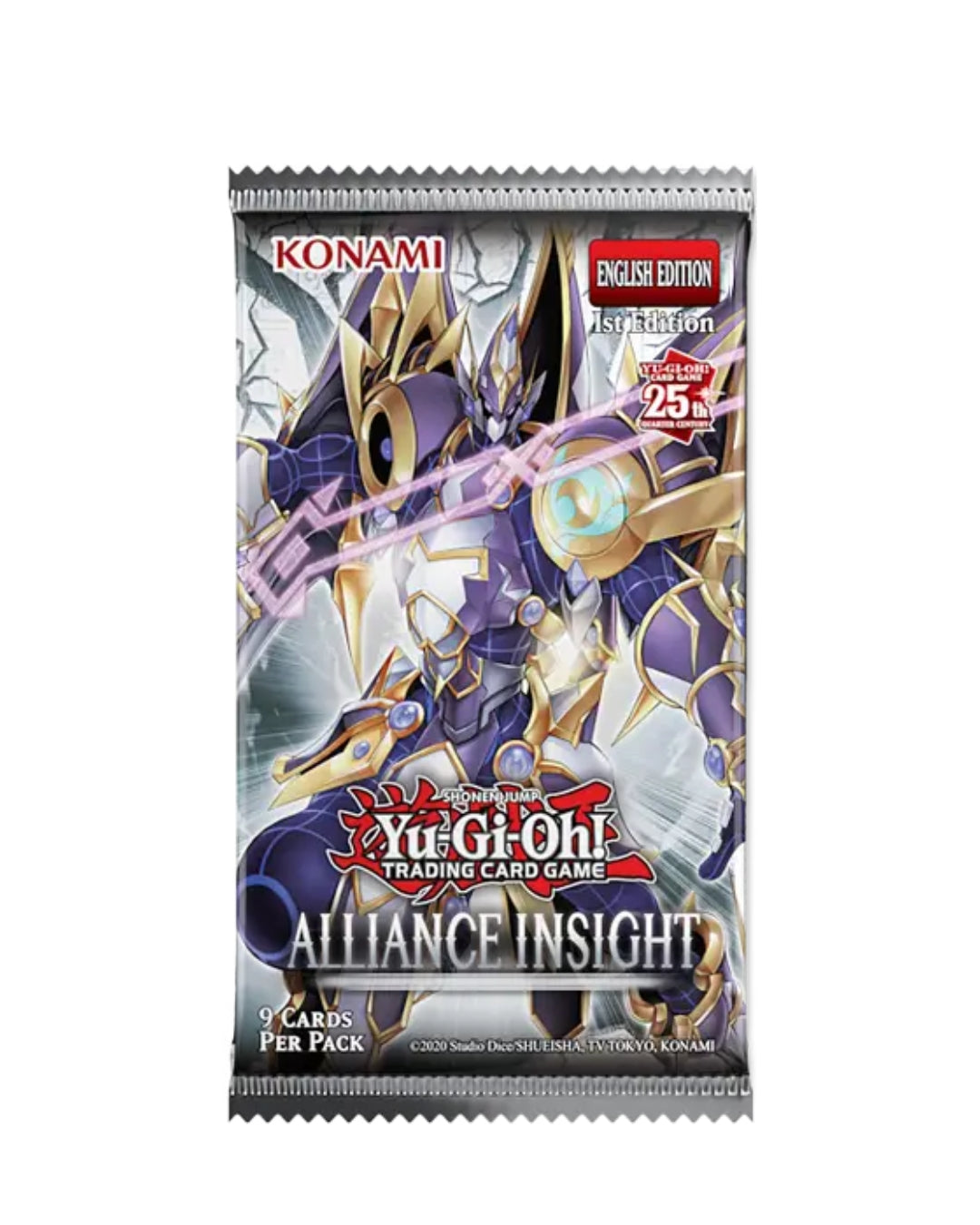 Yu-Gi-Oh! Trading Card Game booster pack for the Alliance Insight 1st Edition English Edition, featuring artwork of a purple and gold mecha on a white and gray background. Konami branding is visible at the top.