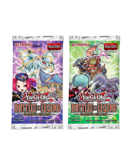Yu-Gi-Oh! Battles of Legend Glorious Gallery Trading Card booster packs, featuring the two product designs with the english editition situated on a white background. 