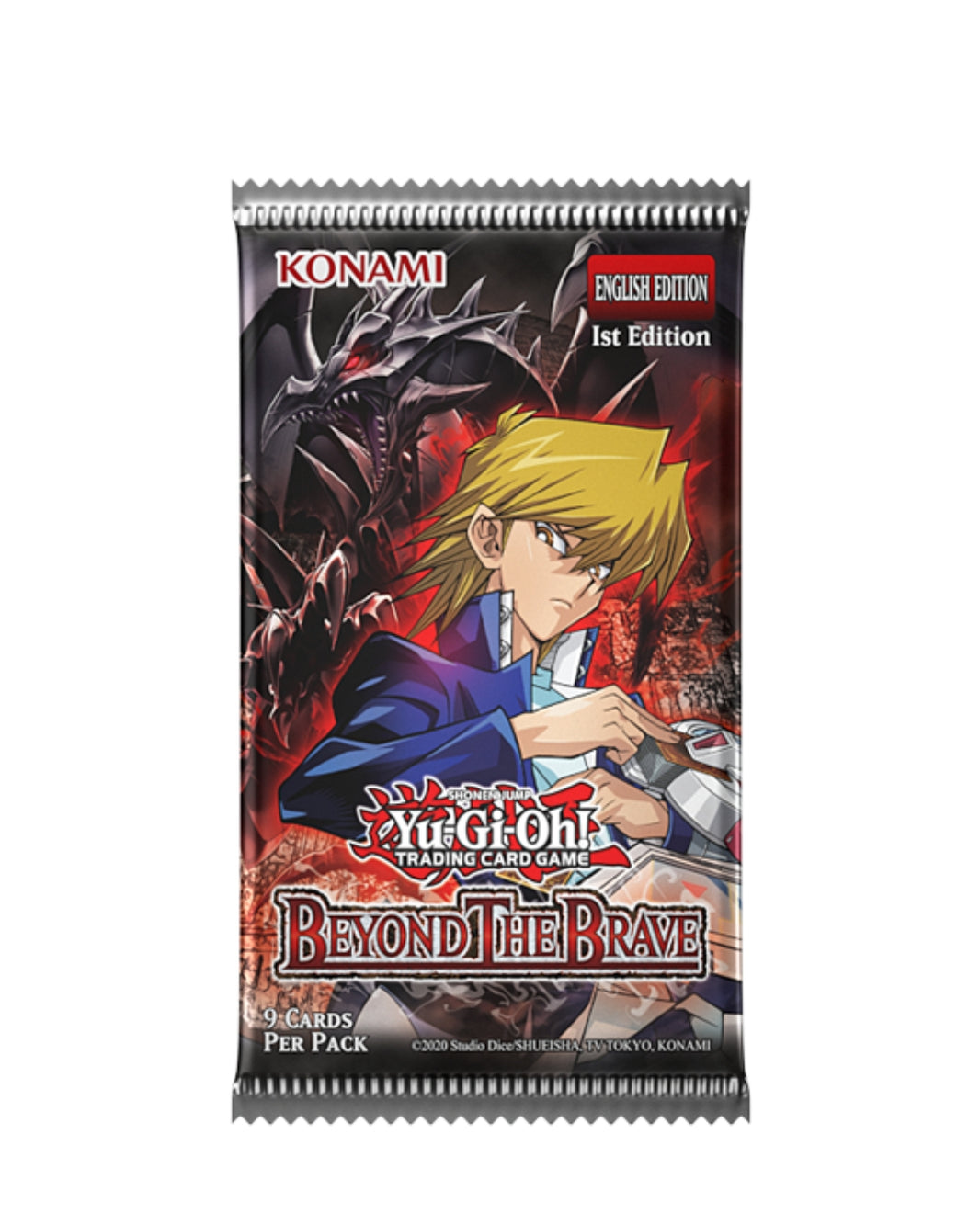 A sealed Yu-Gi-Oh! Trading Card Game booster pack for 'Beyond the Brave 1st Edition English Edition', featuring character artwork on a black and red background with Konami branding.