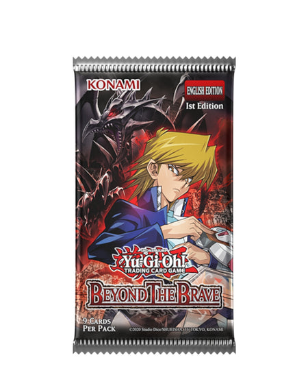 A sealed Yu-Gi-Oh! Trading Card Game booster pack for 'Beyond the Brave 1st Edition English Edition', featuring character artwork on a black and red background with Konami branding.
