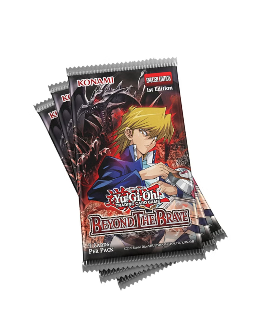 Sealed Yu-Gi-Oh! Trading Card Game booster packs for 'Beyond the Brave 1st Edition English Edition' Included in the Booster Box, featuring character artwork on a black and red background with Konami branding.