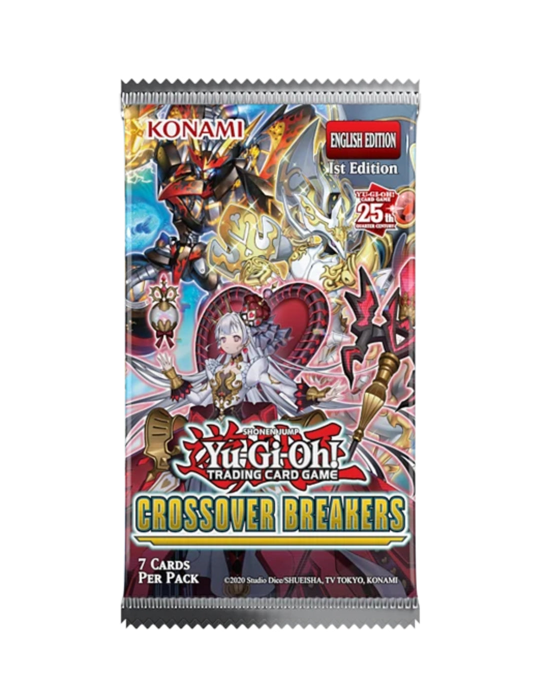 Yu-Gi-Oh! Crossover Breakers Trading Card Game booster pack, featuring the English Edition, with 7 cards per pack as part of the 25th anniversary situated on a white background. 