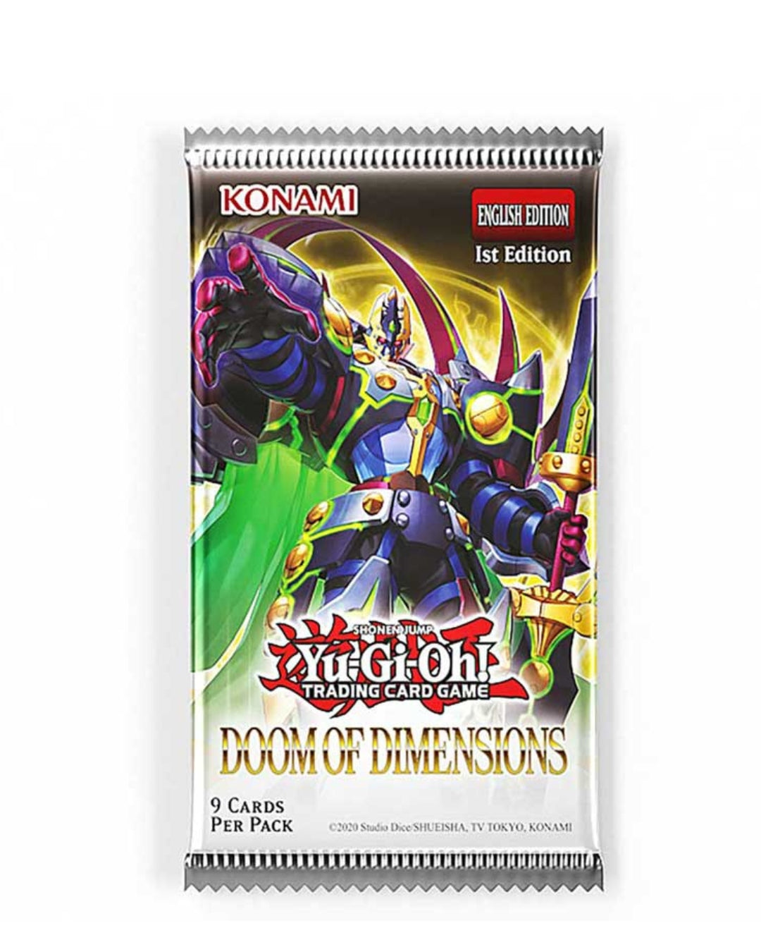 Yu-Gi-Oh Doom of Dimension Trading Card Game Booster Pack, with 9 cards per pack. English edition, situated on a white background. 