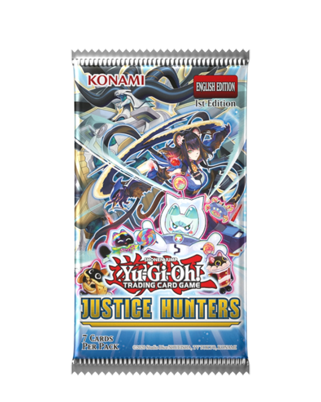 Yu-Gi-Oh! Trading Card Game Justice Hunters 1st Edition English Edition 7-card booster pack, featuring colorful anime artwork.