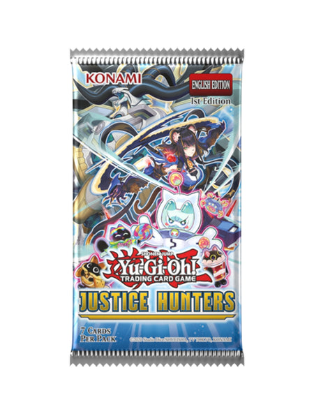 Yu-Gi-Oh! Trading Card Game Justice Hunters 1st Edition English Edition 7-card booster pack, featuring colorful anime artwork.