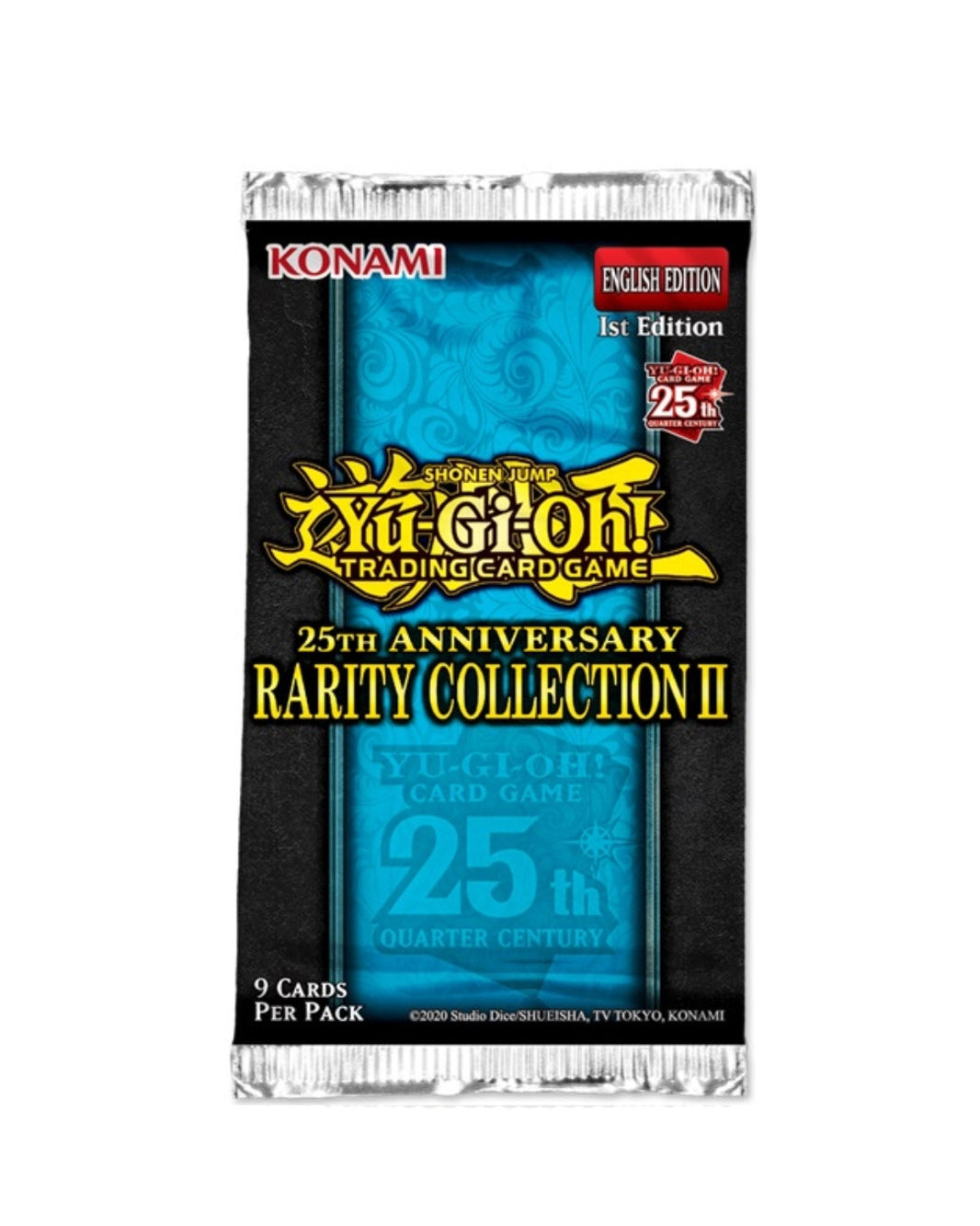 Yu-Gi-Oh! Trading Card Game- Rarity Collection II 25th Anniversary Rarity Collection II English Edition booster pack, featuring a black and blue design with yellow and red text.