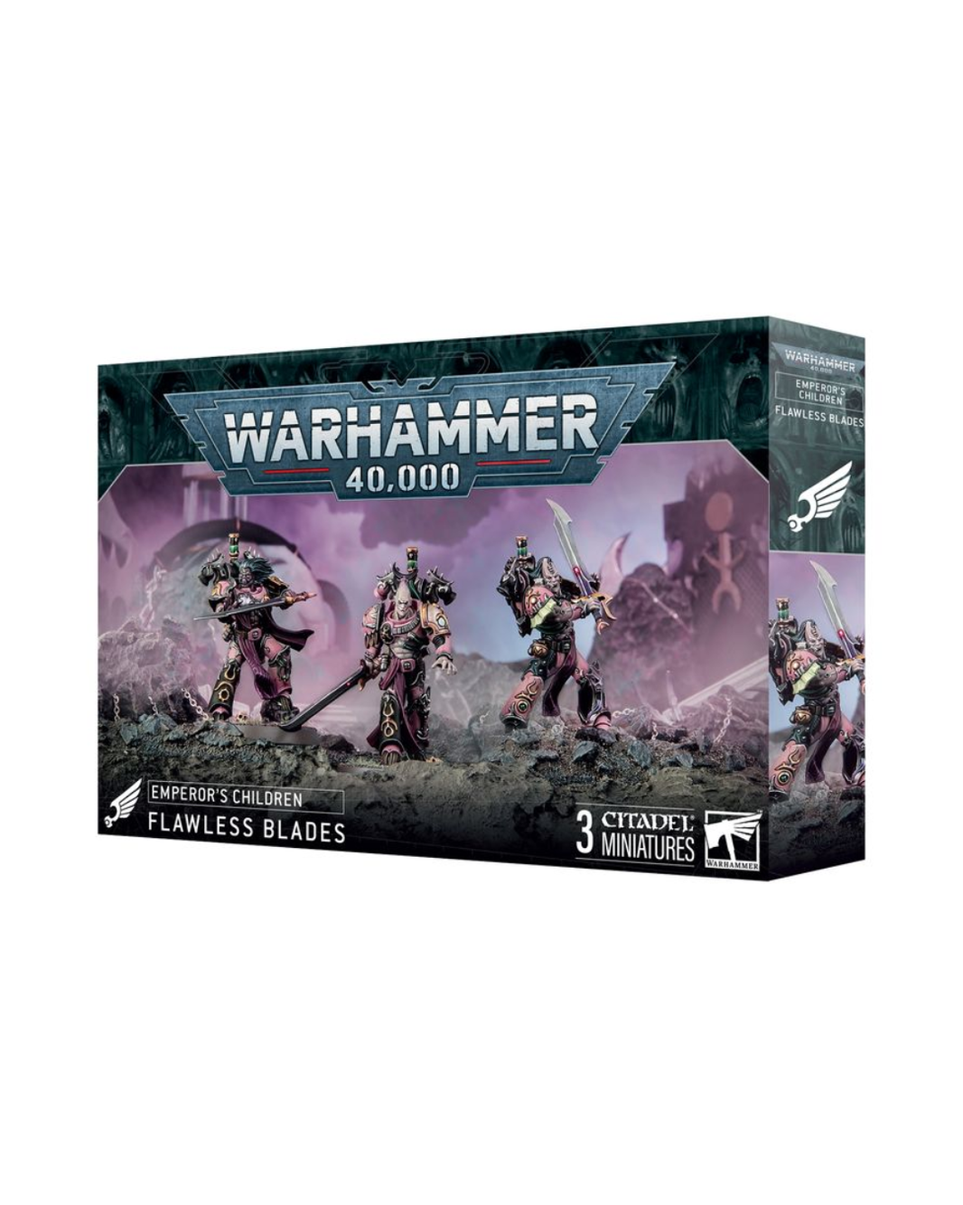 Warhammer 40,000: Emperor's Children Flawless Blades set box for 3 Standout Miniatures, showing painted sci-fi soldier miniatures on a dark, rocky base.