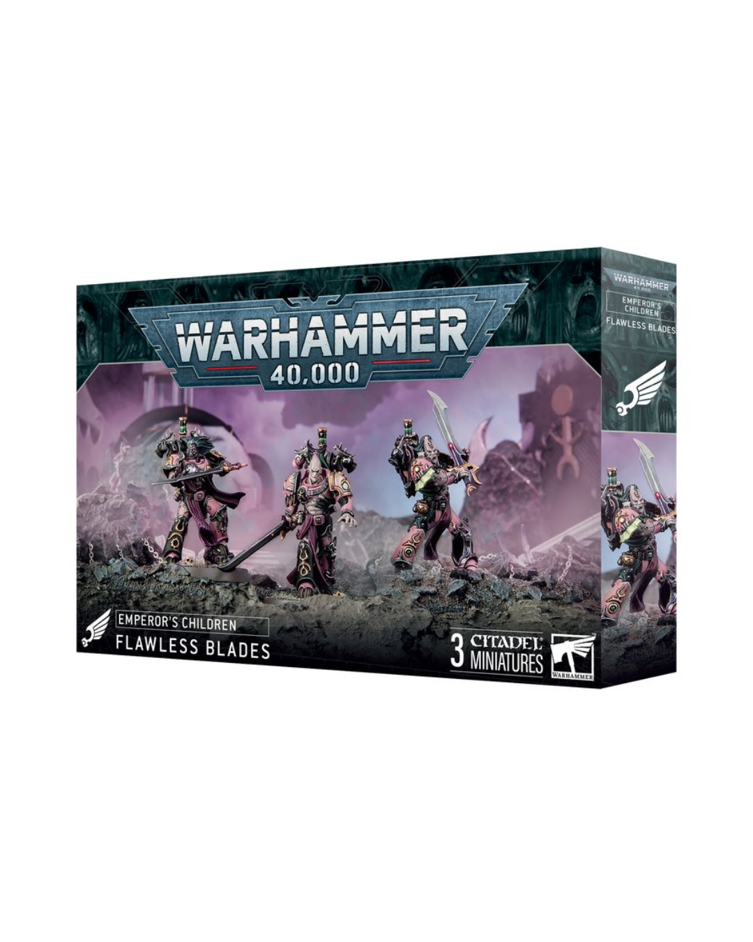 Warhammer 40,000: Emperor's Children Flawless Blades set box for 3 Standout Miniatures, showing painted sci-fi soldier miniatures on a dark, rocky base.