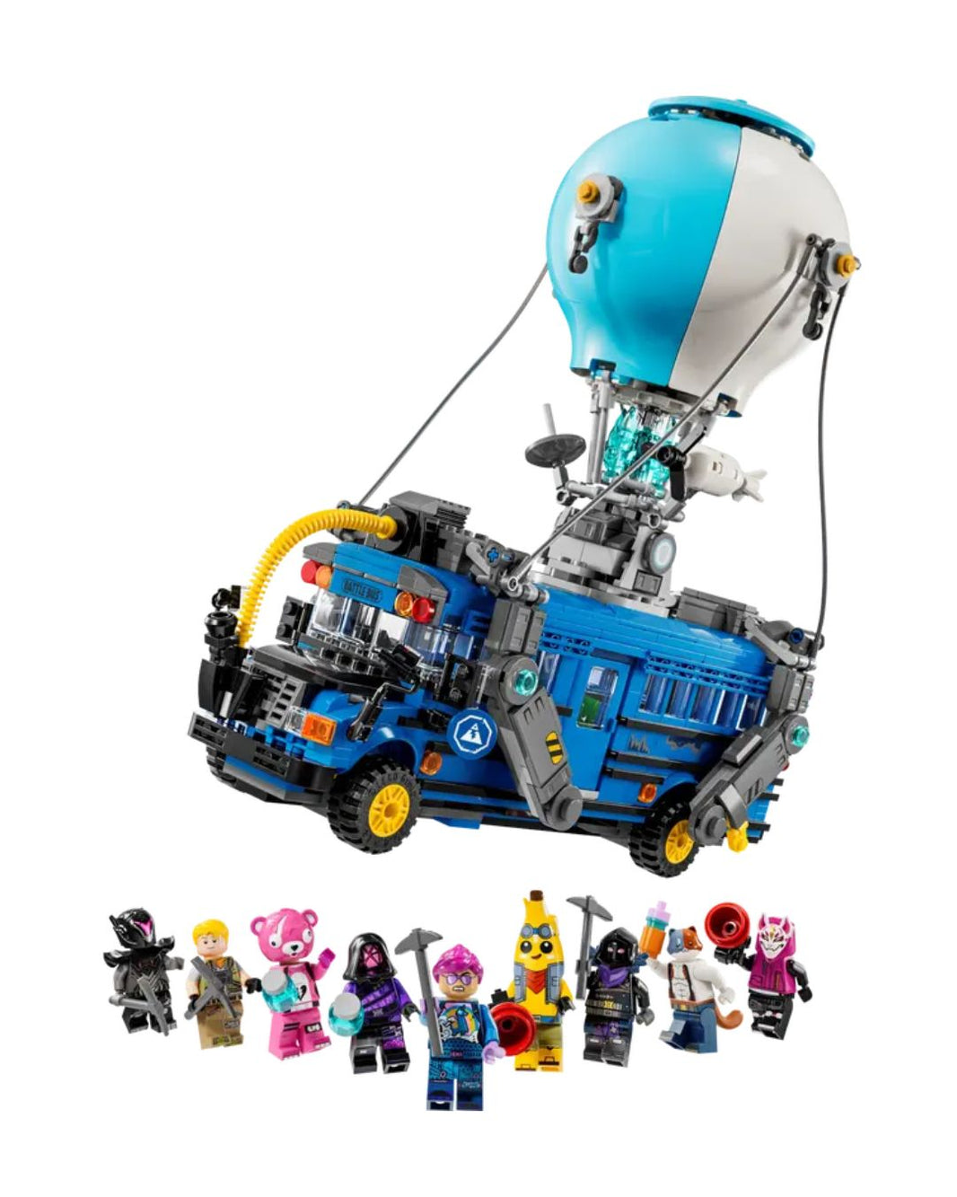 LEGO set with a blue vehicle and hot air balloon, featuring multiple minifigures on a white background.