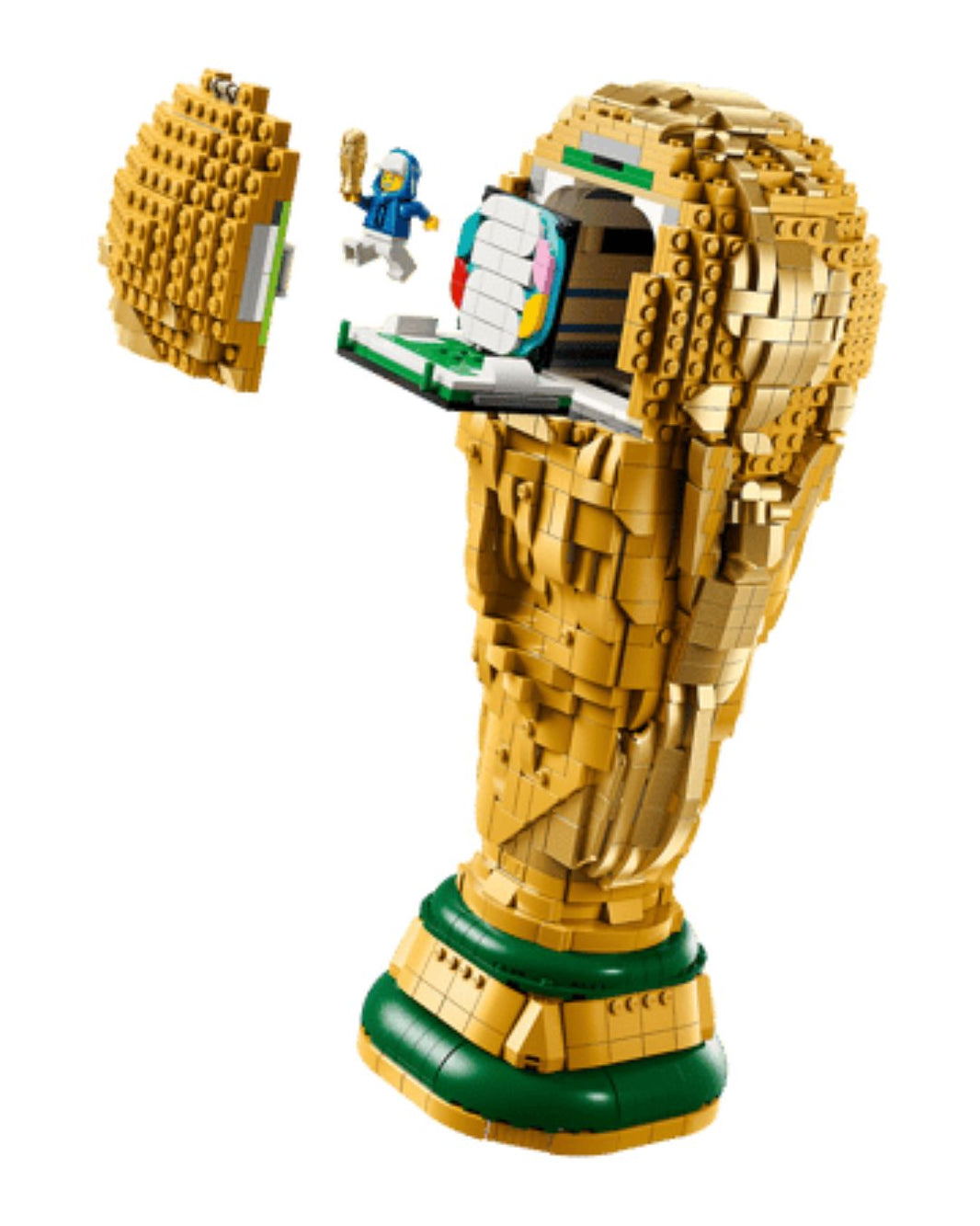 LEGO model of a golden hand holding a trophy on a white background