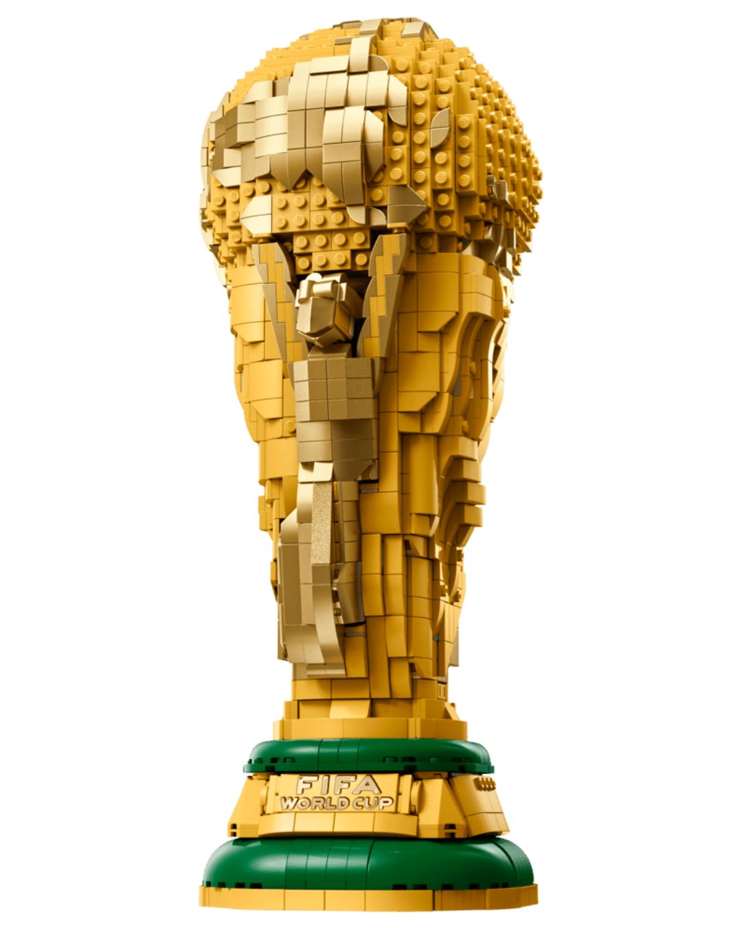 LEGO model of the FIFA World Cup trophy on a white background