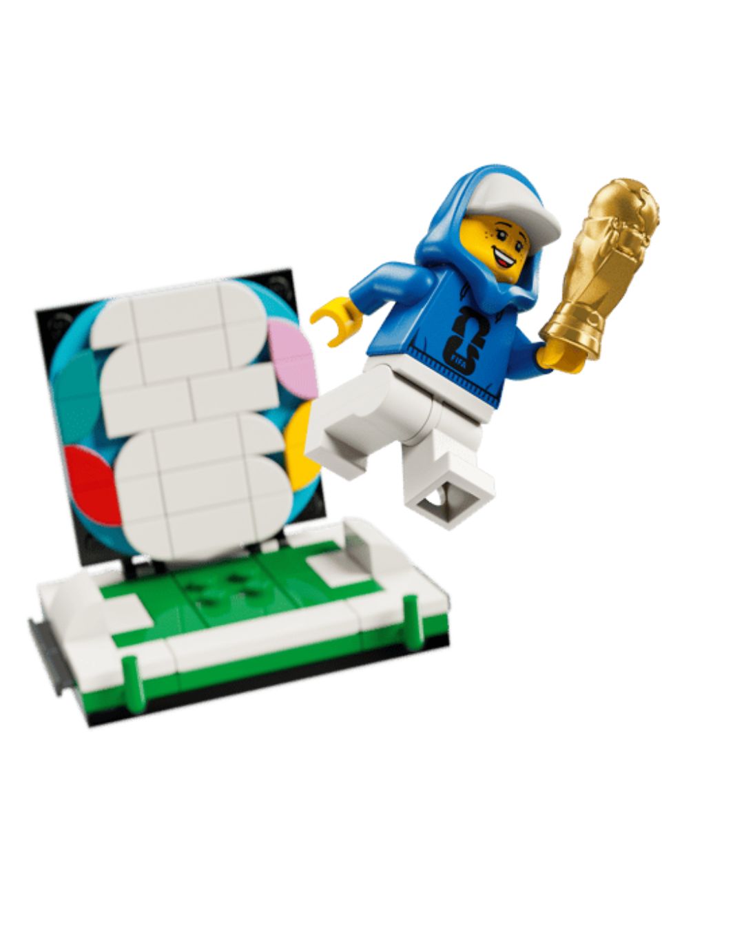 LEGO figure in a blue hoodie holding a golden trophy on a white background