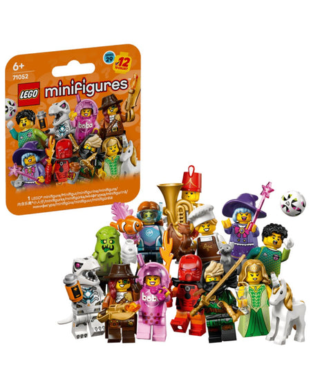 LEGO minifigures set with packaging on a white background