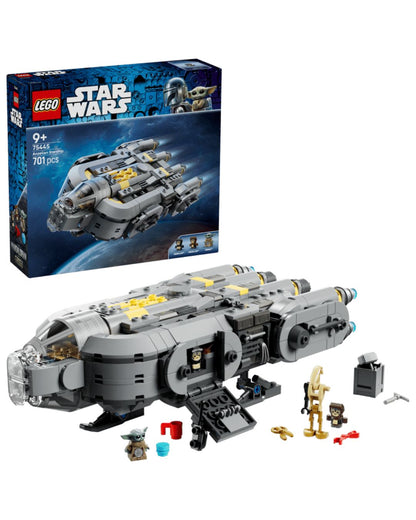 LEGO Star Wars set with spaceship model and packaging on a white background